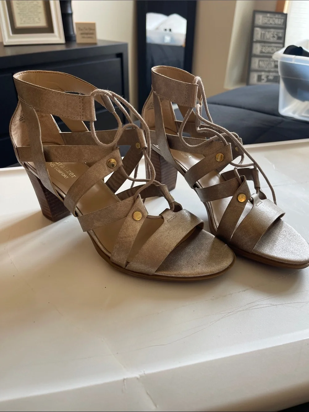 Naturalizer Metallic Taupe Lace-Up Block Heel Sandals